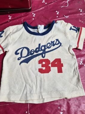 Kids' Cream Short Sleeve Tee with Blue Logo and Red Number